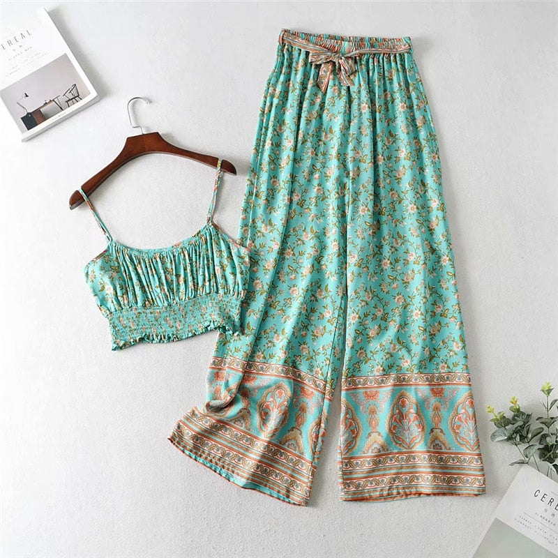 Bohemian Floral Print Crop Top with Wide Leg Pants