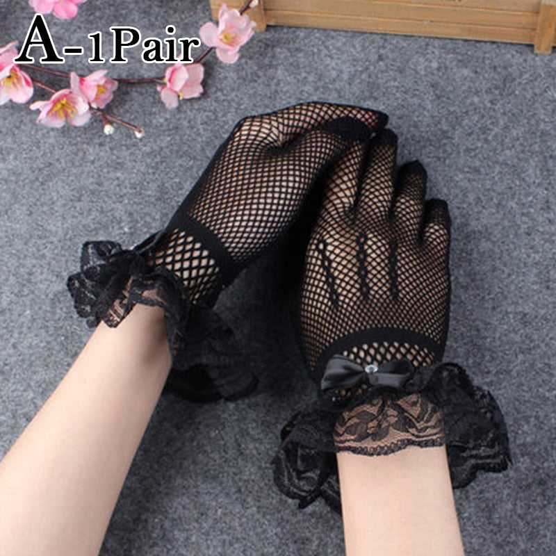 Elegant Fishnet Gloves with Lace & Bowknot Wrist Embellishments (White or Black) F / One Size