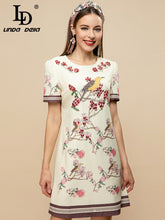 LINDA DELLA Vintage Bird & Branch Print Beaded Mini Dress