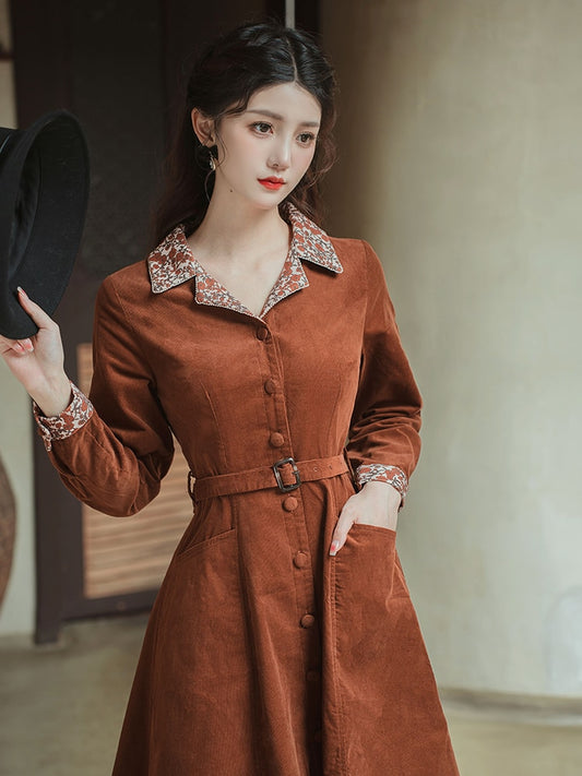 Della - Retro Turn Down Collar Overcoat Dress With Belt