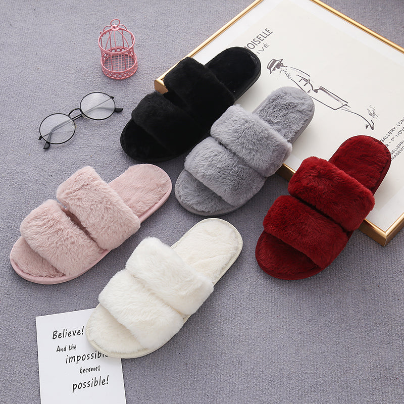 Faux Fur Double Strap Slippers