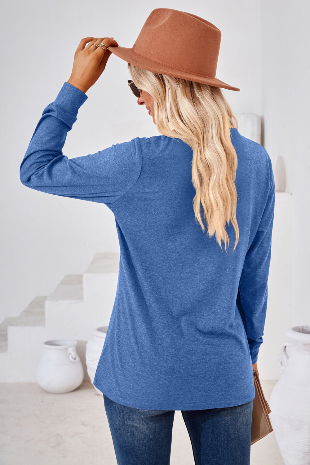 V-Neck Buttoned Long Sleeve Blouse