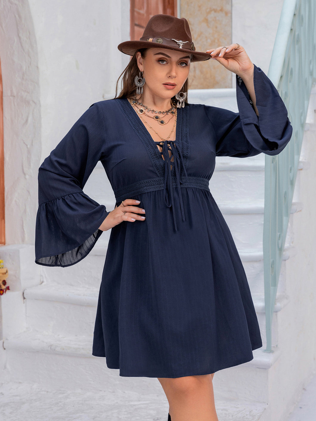 Plus Size Tie Front V-Neck Flare Sleeve Dress