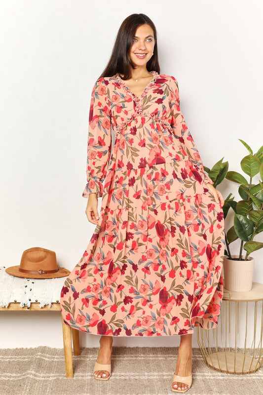 Double Take Floral Frill Trim Flounce Sleeve Plunge Maxi Dress