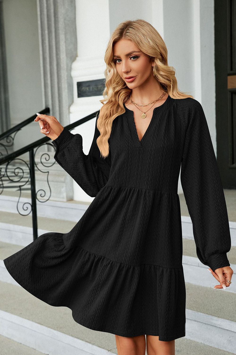 Notched Neck Long Sleeve Mini Dress