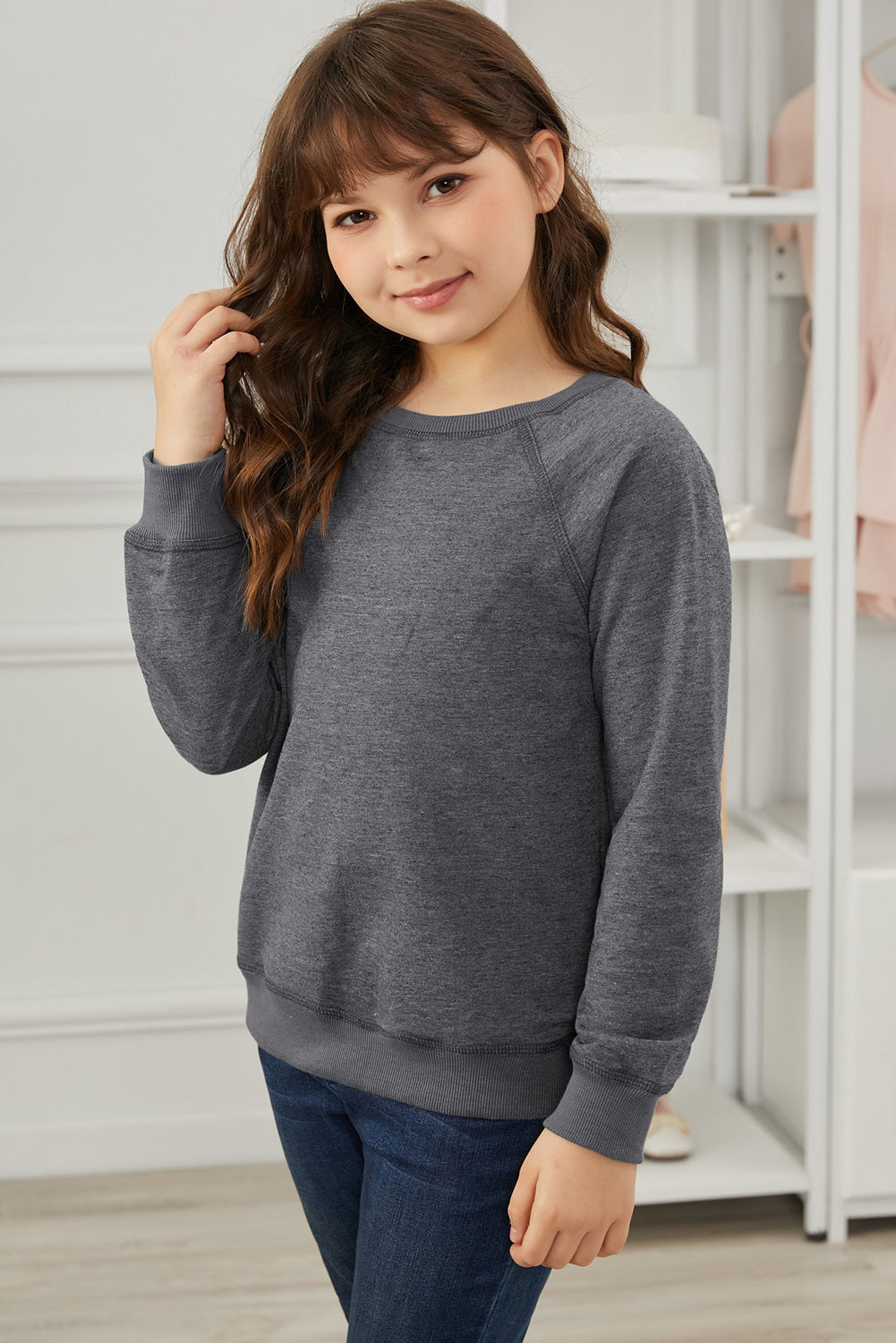 Girls Raglan Sleeve Ribbed Trim Sweatshirt