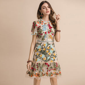 LINDA DELLA Runway Look - Flare Sleeve Floral Embroidered Elegant Mesh Hollow Out Midi Dress