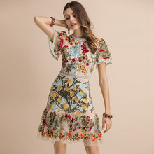 LINDA DELLA Runway Look - Flare Sleeve Floral Embroidered Elegant Mesh Hollow Out Midi Dress