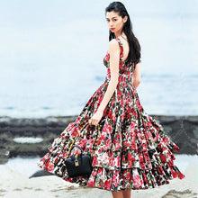 MoaaYina Fashion Designer - Summer Runway Red Rose Spaghetti Strap Backless Floral Print Cascading Ruffle Beach Dress