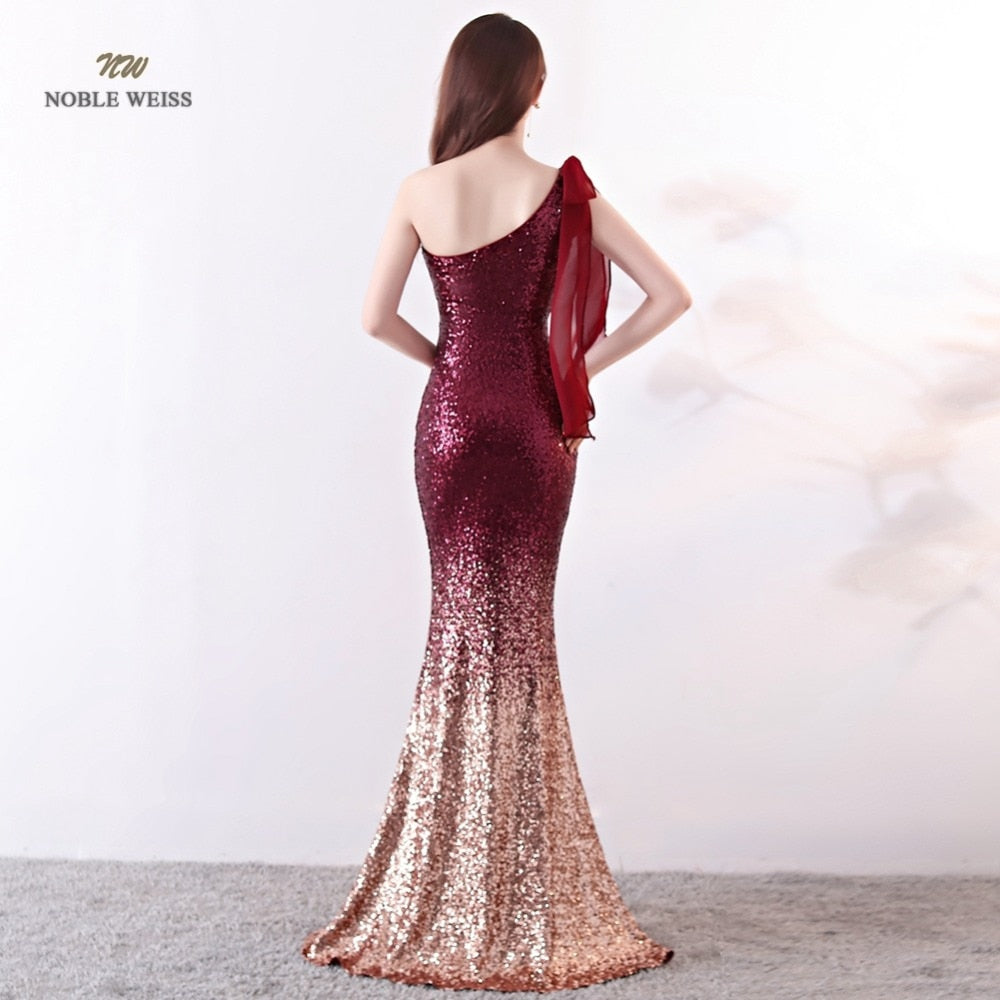 Elegant One-Shoulder Mermaid Long Evening Dress (Dark Blue or Red)