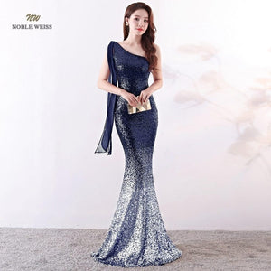 Elegant One-Shoulder Mermaid Long Evening Dress (Dark Blue or Red)