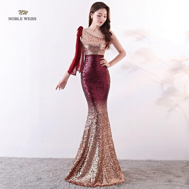 Elegant One-Shoulder Mermaid Long Evening Dress (Dark Blue or Red)