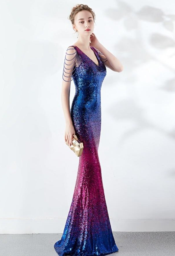 Stunning Ombre V-neck Sequin Mermaid Floor-length Prom Gowns (Multiple Colors)