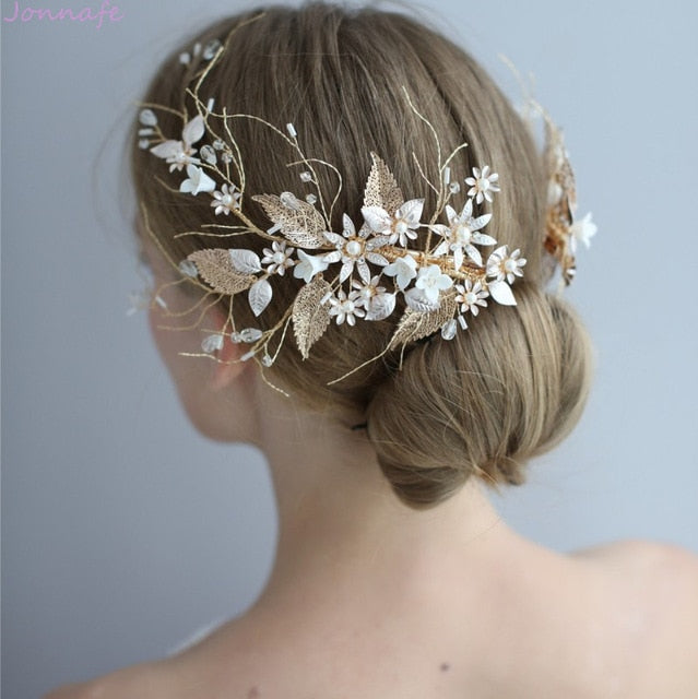 Handmade Wedding / Prom Hair Clips - Gold Leaf Floral Hair Jewelry