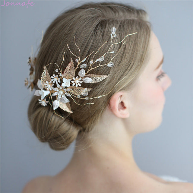 Handmade Wedding / Prom Hair Clips - Gold Leaf Floral Hair Jewelry