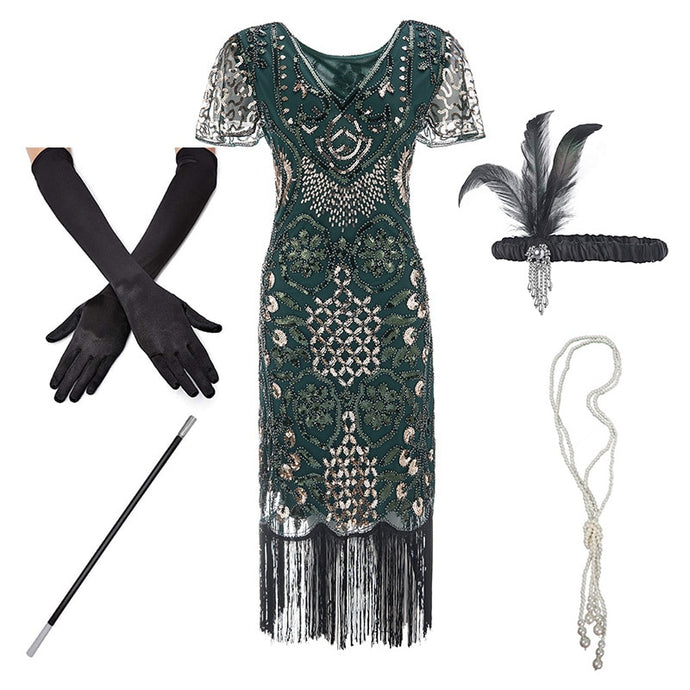 1920s Great Gatsby Era Fringed Sequin Beaded Dress + Accessories