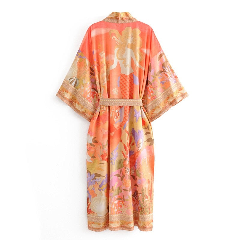 Beautiful Bohemian Style Orange Flower Crane Print Kimono