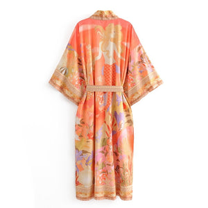Beautiful Bohemian Style Orange Flower Crane Print Kimono