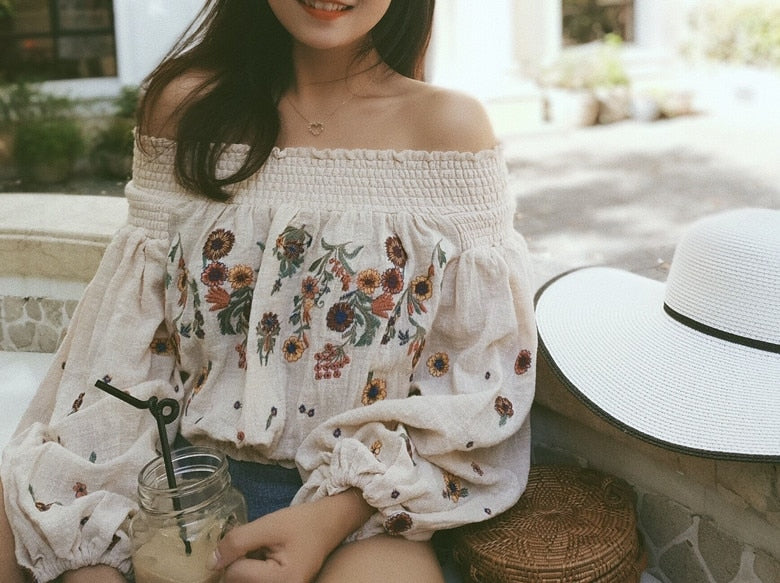 Embroidered Boho Cropped Lantern Sleeve Top