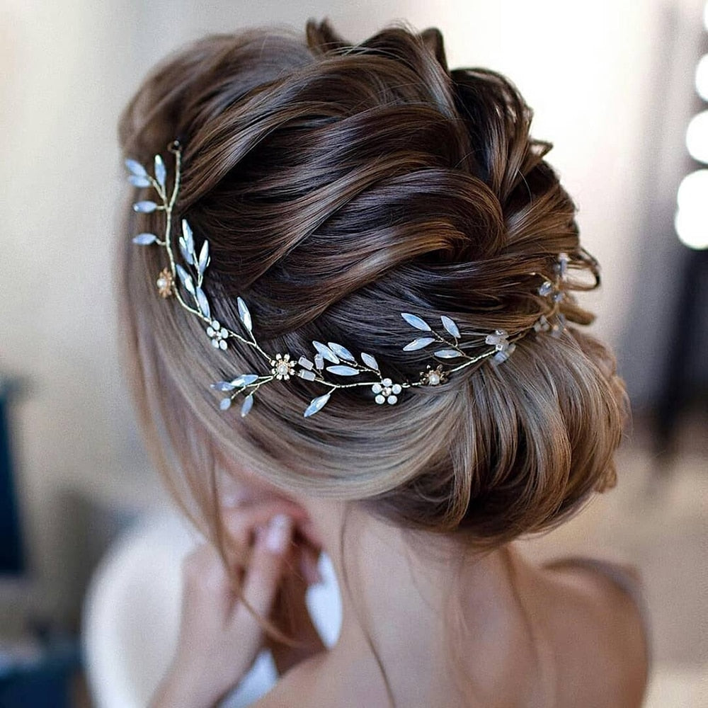 Artificial Moonstone Leaf & Pearl Flower Headband & Earring Set