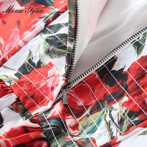 MoaaYina Fashion Designer - Summer Runway Red Rose Spaghetti Strap Backless Floral Print Cascading Ruffle Beach Dress