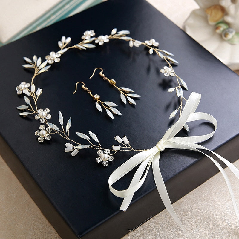 Artificial Moonstone Leaf & Pearl Flower Headband & Earring Set