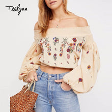 Embroidered Boho Cropped Lantern Sleeve Top
