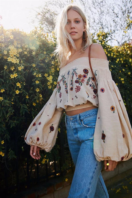 Embroidered Boho Cropped Lantern Sleeve Top