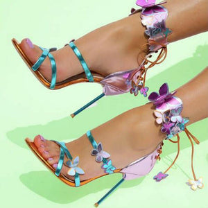 Elegant Runway Lace Up Metallic Leather 3D Butterfly Gladiator Stiletto Pumps (Rainbow or Black)