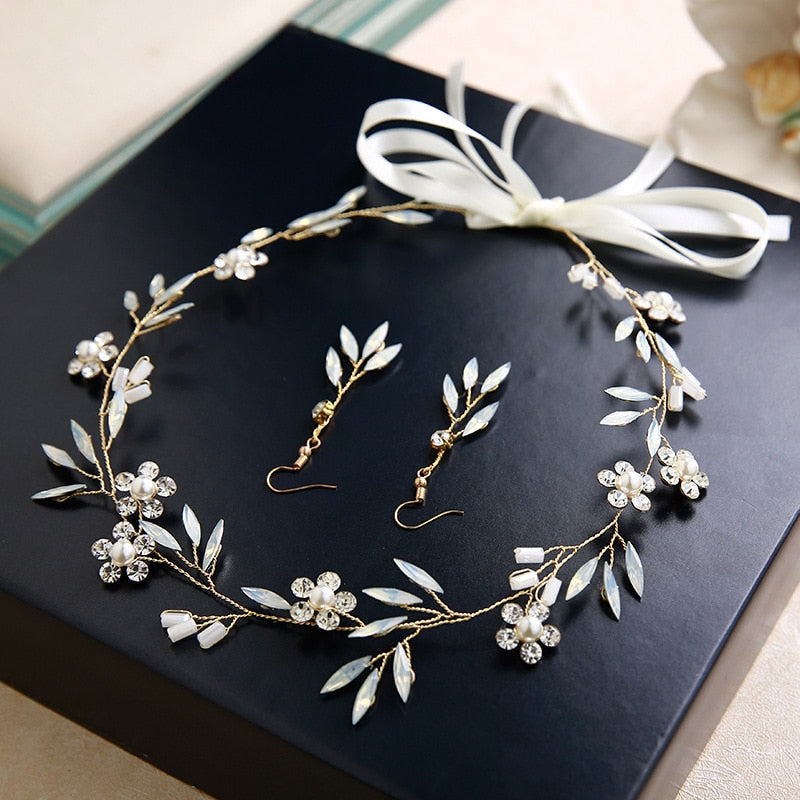 Artificial Moonstone Leaf & Pearl Flower Headband & Earring Set