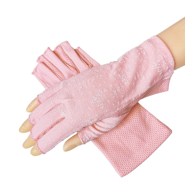 Wrist-Length Cotton Half Finger Anti-Skid UV Protection Driving Gloves (27 Styles) 02 Pink / One Size