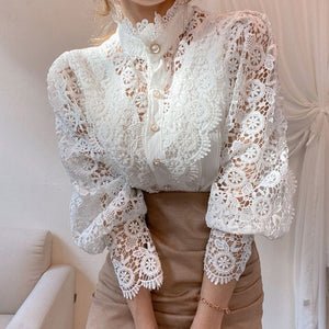 Boho Chic Button Down Hollowed-Out Flower Lace High Collar Blouse (One Size/3 Colors)