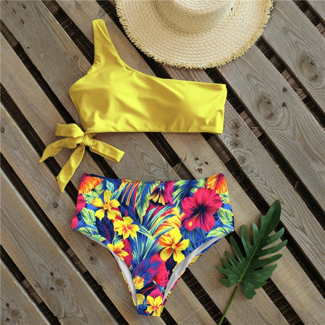 One Shoulder High Waist Swimsuits in Many Colors