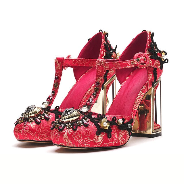 Ornate Red Crystal Heart Embellished See-thru T-Strap Fashionista Heels