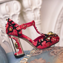Ornate Red Crystal Heart Embellished See-thru T-Strap Fashionista Heels