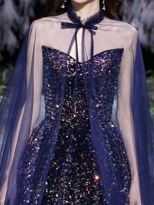 Romantic Royal Blue Glittering Star Gown with Cloak