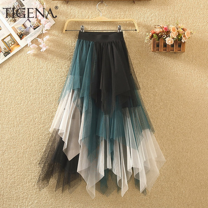 Contrasting Color High Waist Irregular Length Tulle Maxi Skirt (Multiple color combos)