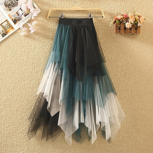 Contrasting Color High Waist Irregular Length Tulle Maxi Skirt (Multiple color combos)