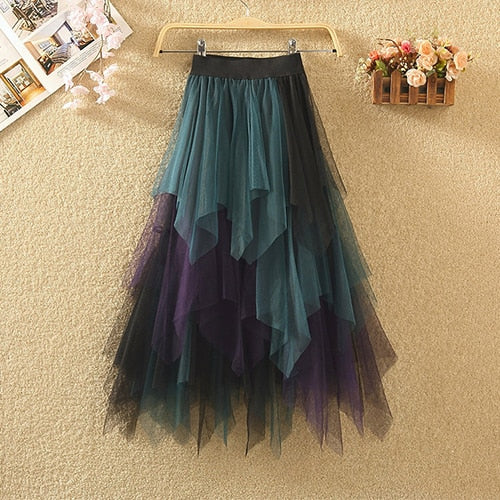 Contrasting Color High Waist Irregular Length Tulle Maxi Skirt (Multiple color combos)