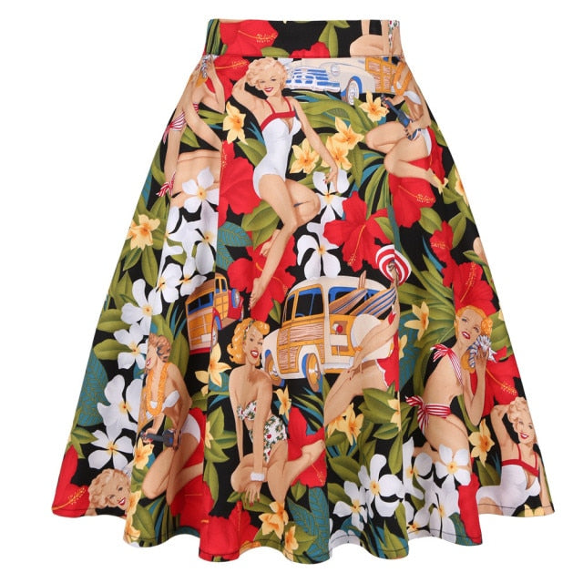 50's Style High Waist Rockabilly Cotton Swing Skirts in Multiple Prints