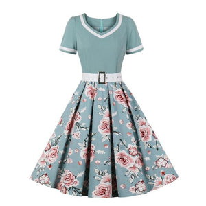 Vintage V-Neck Short Sleeve Belted Hepburn Dresses in multiple colors