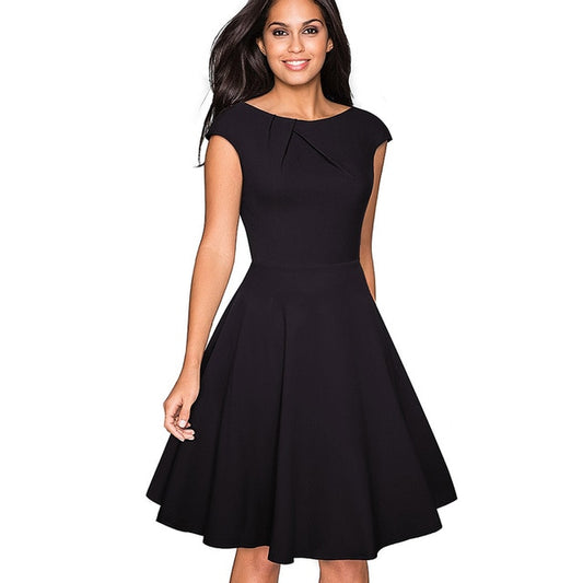 Graceful Vintage Solid Color Elegant O-Neck A-Line Flare Swing Dress (Multiple Colors)