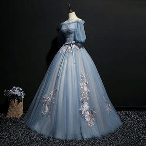 Elegant Blue Floral Embroidered Victorian-Inspired Gown