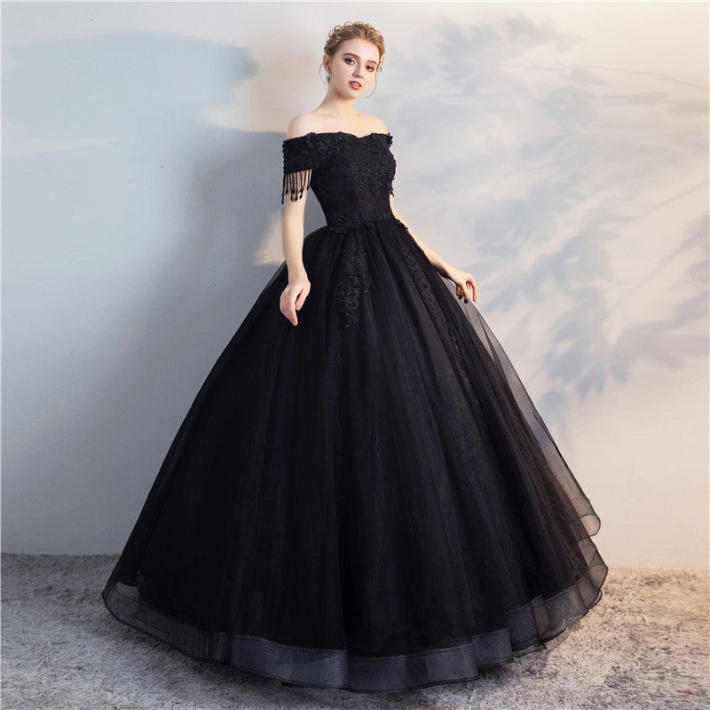 Black Mesh Gold Lace Appliques Vintage Formal Ball Gown - Lunss